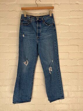 Levis Ribcage Straight Ankle Blue Denim Jeans Size 28 Women's Distressed Buttons